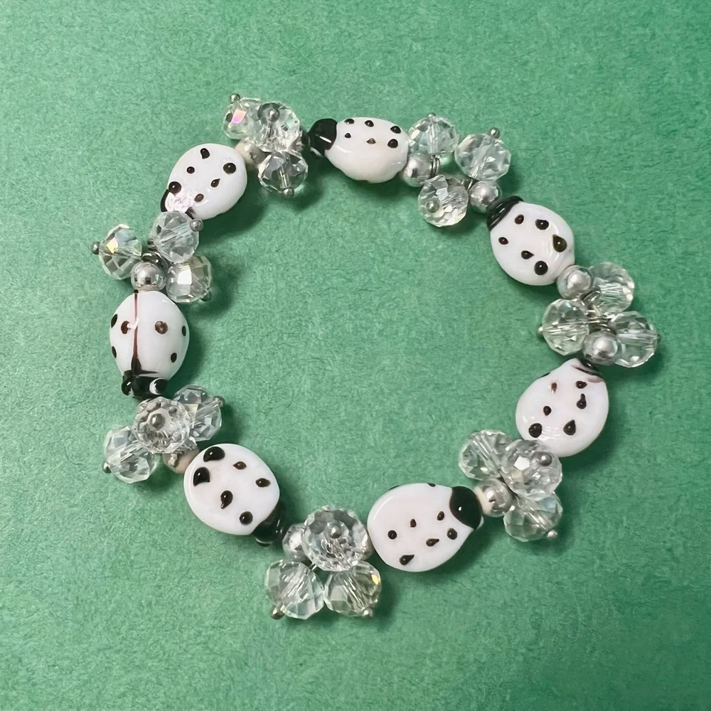 Vintage White Brown Dots Ladybug Glass  & Clear Beaded Stretch Bracelet -‎ Gift
